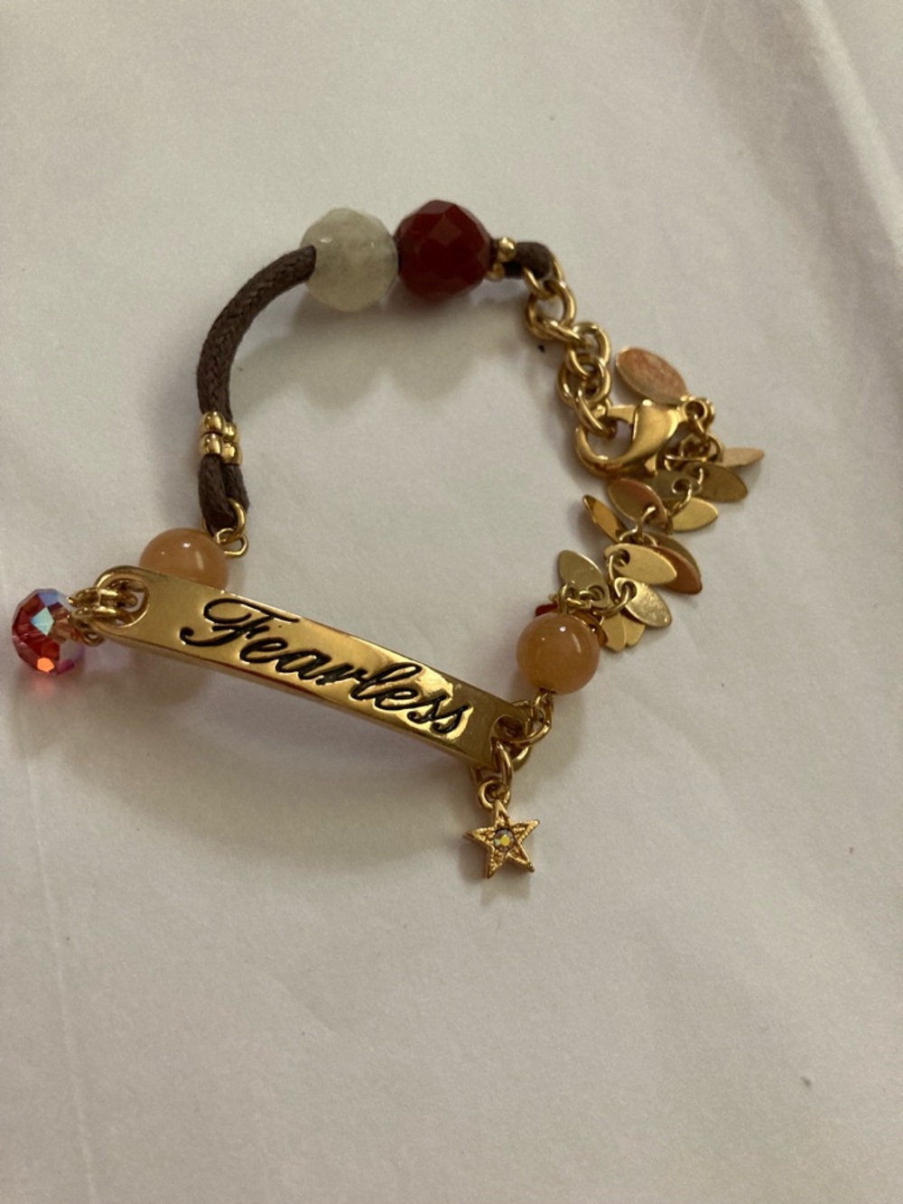 Kirks Folly FEARLESS HEART Gold Bar Bracelet with Red/Tan beads lobster closure